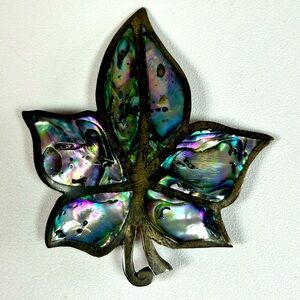Vintage Taxco MEXICO Sterling Silver 935 Abalone Shell Leaf Brooch Pin